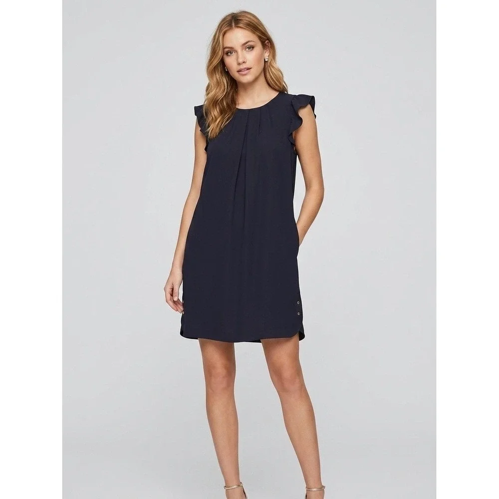 Zara Basic Navy Blue Ruffle Sleeve Pleated Shift Dress with Pockets XL
